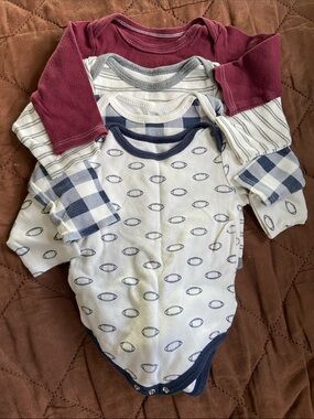4 Long-Sleeve Infant Bodysuits in Maroon, blue gingham, football and gray stripe